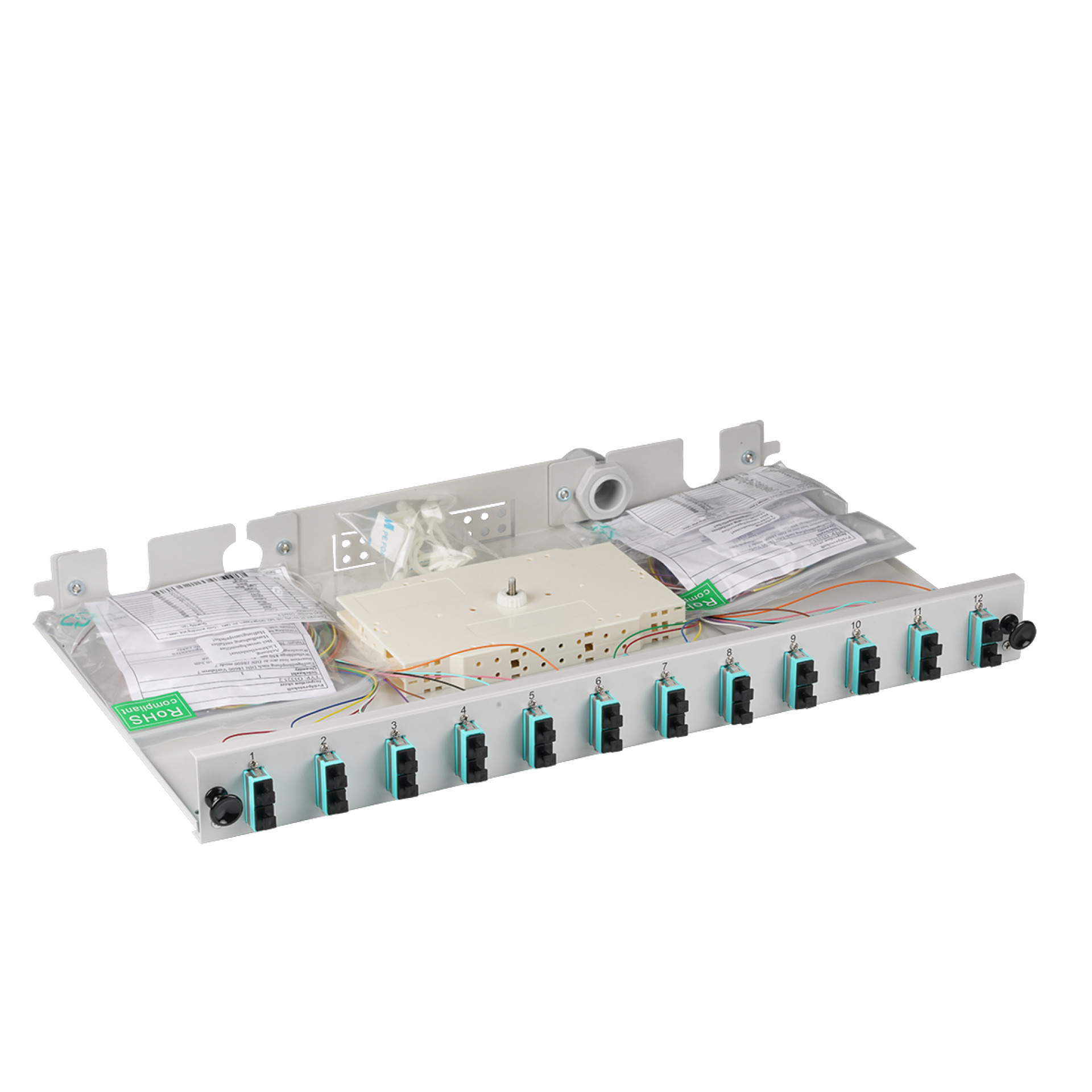 Pre-assembled ext. splice box SC OM3 12xpigtails / 6xDX-coupling