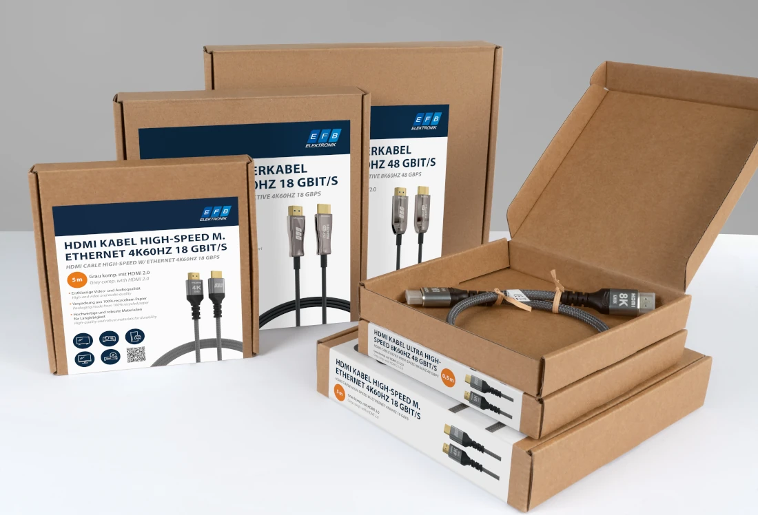 HDMI-emballage og højhastighedskabler med Ethernet fra EFB-Elektronik i papkasser