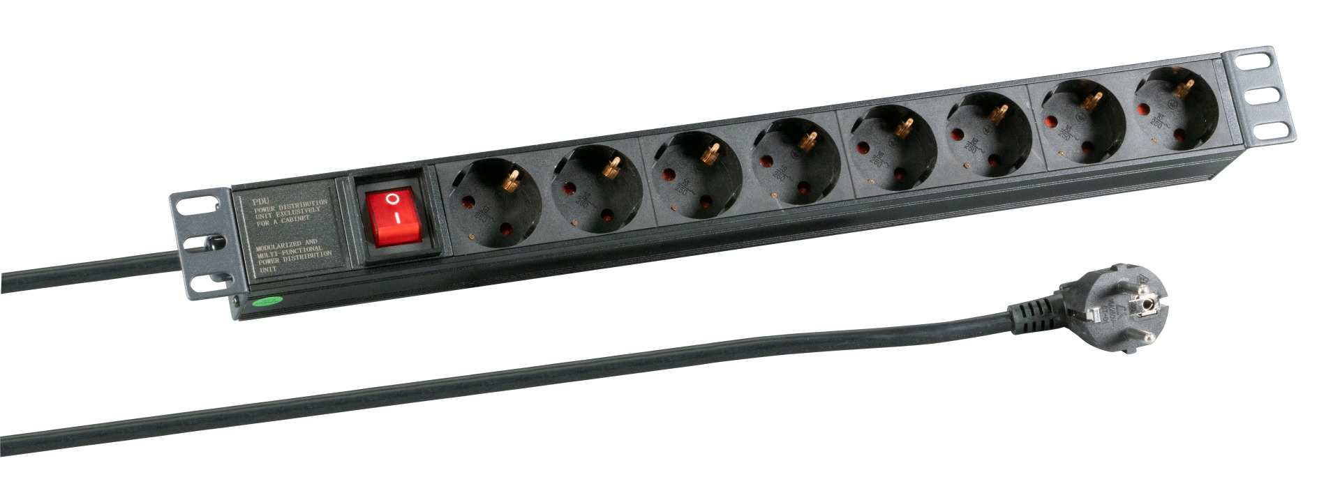 19“ 1U Socket Strip  8 x CEE 7/3 with Switch, in Alu Profile, Black