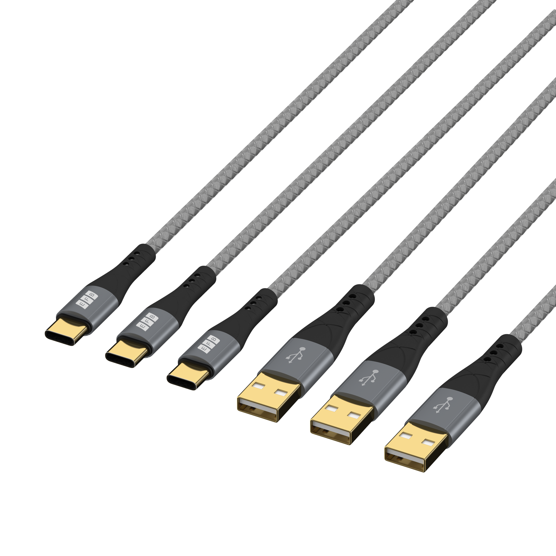 USB-A to USB-C cable set 60W QC 3A 3x2m grey gold contacts textile coat