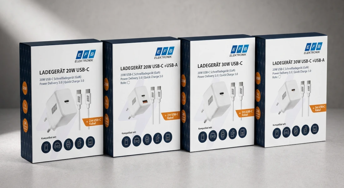 Packaging for EFB-Elektronik USB-C chargers featuring GaN technology, Power Delivery 3.0, and Quick Charge 3.0 in 20W and 30W models