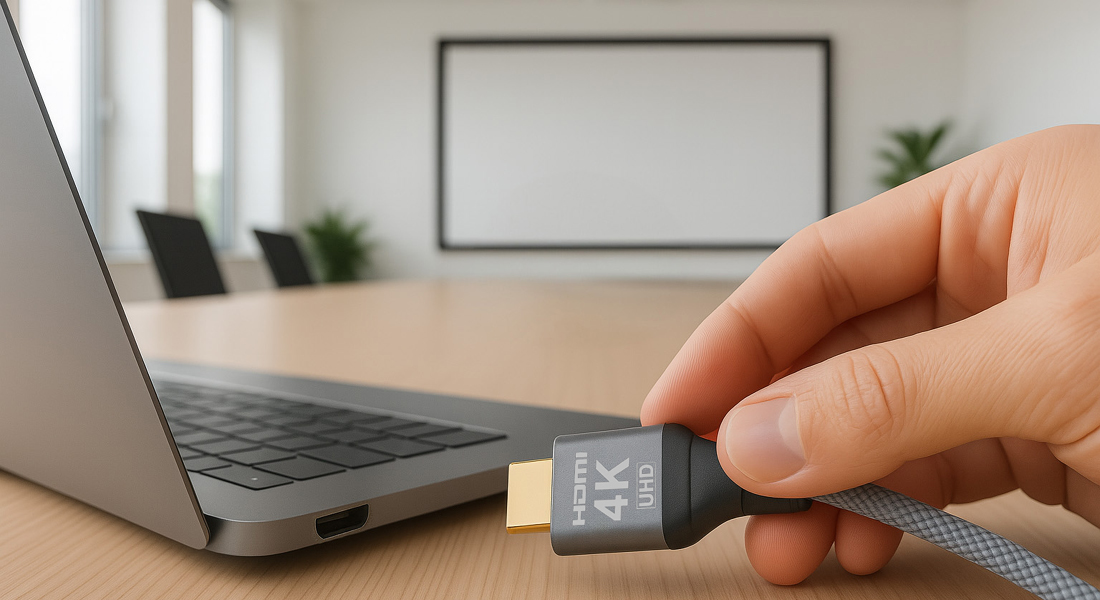 4K HDMI-kabel forbinder til bærbar computer i mødelokalet - forbindelsesløsning i høj kvalitet til præsentationer og konferencer