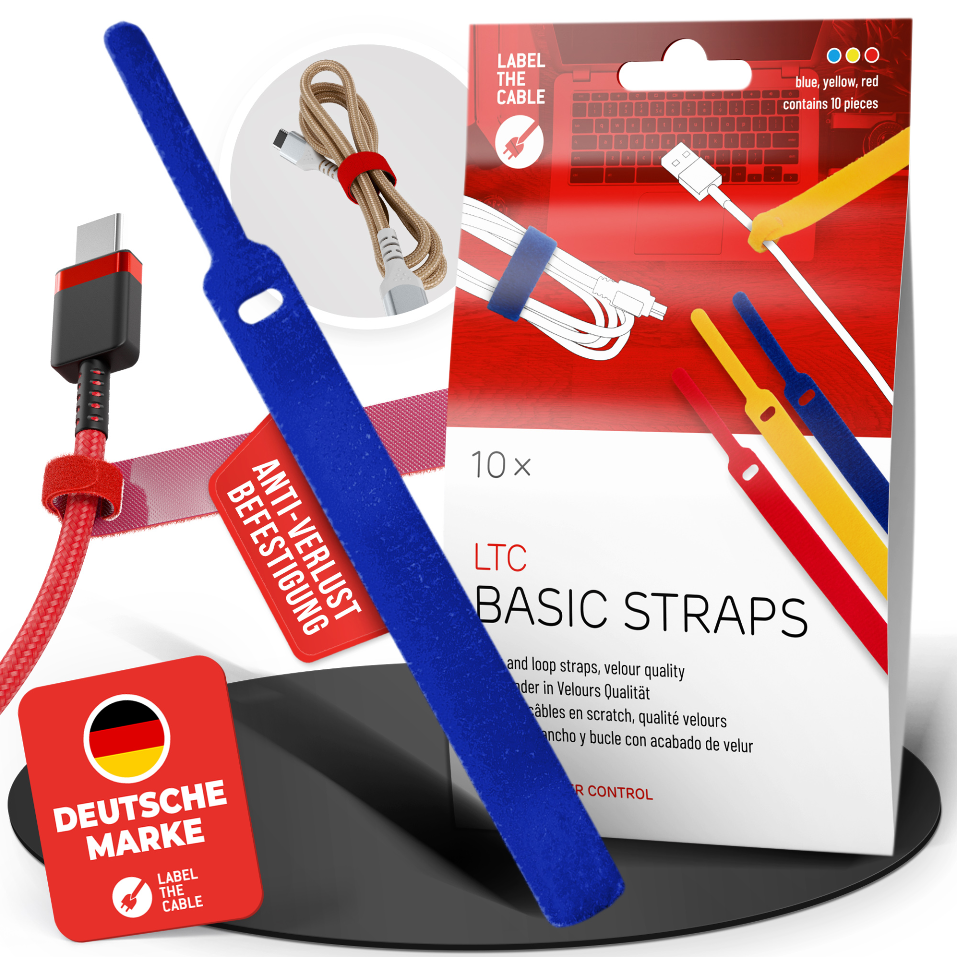 LTC BASIC STRAPS, hook and loops set of 10 pcs yellow/blue/red