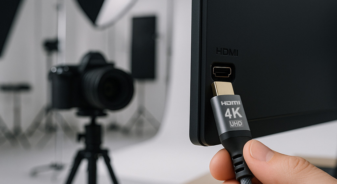 4K HDMI-kabel er forbundet til skærmen i fotostudiet - perfekt forbindelse til billedoverførsel i høj opløsning til foto- og videooptagelser