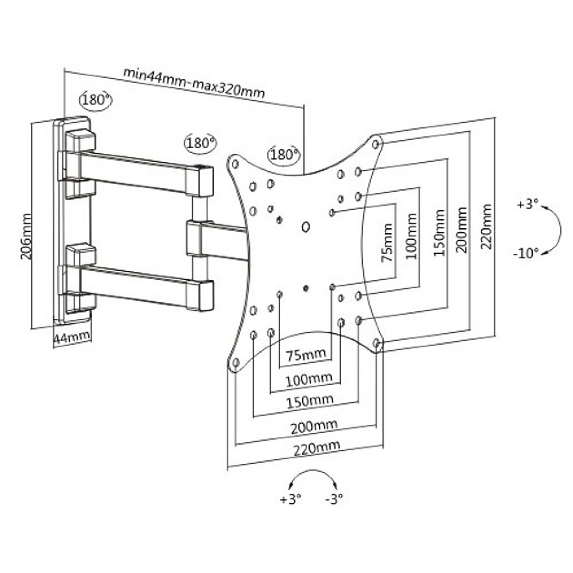 Wall bracket for 1 LCD TV LED 23"-42" 3 joints, black