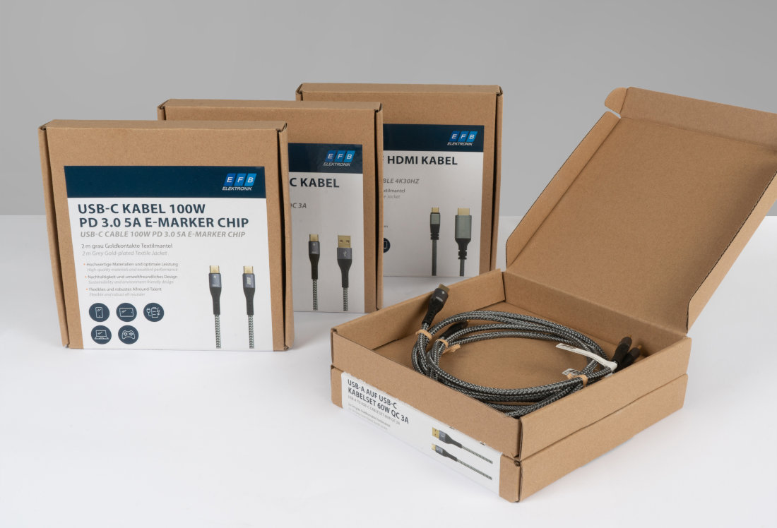 USB-C- og HDMI-kabler i bæredygtig emballage fra EFB-Elektronik med tekstilbelagte kabler